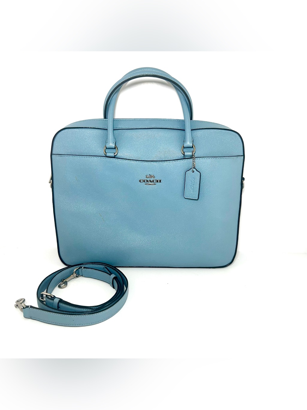 Coach Pebbled Leather Robins Blue Laptop Brief Case, Removable &Adjustable Strap